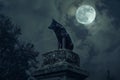 A wolf is sitting on a stone in the dark with the moon, Generative AI Royalty Free Stock Photo