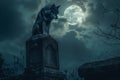 A wolf is sitting on a stone in the dark with the moon, Generative AI Royalty Free Stock Photo