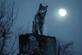 A wolf is sitting on a stone in the dark with the moon, Generative AI Royalty Free Stock Photo
