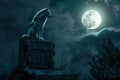 A wolf is sitting on a stone in the dark with the moon, Generative AI Royalty Free Stock Photo
