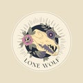 Wolf Skull With LONE WOLF Text And Flowers