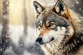 A wolf in the snow with a neutral background, showcasing details of the wolf\'s fur and face, and