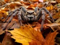 Ai Generated illustration Wildlife Concept of Wolf spider on fall leaves Royalty Free Stock Photo