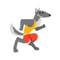 Wolf in sport uniform running, funny sportive wild animal character doing sports vector Illustration on a white