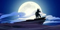 Wolf stand on rock cliff at night with full moon Royalty Free Stock Photo