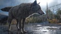 a wolf standing alone in the rain in a forest. Generative AI