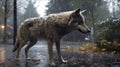 a wolf standing alone in the rain in a forest. Generative AI