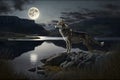 a wolf standing atop a rocky hillside overlooking a still lake, bathed in the light of a full moon Royalty Free Stock Photo