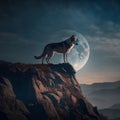 A wolf is standing atop a rocky hillside under the light of a full moon, Generative Ai Royalty Free Stock Photo