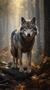 Wolf standing majestically in a sunlit forest during early morning hours Royalty Free Stock Photo