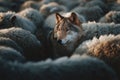 A wolf standing in a herd of sheep Royalty Free Stock Photo
