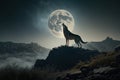 Wolf standing on hill and howling at the full moon, Generative AI Royalty Free Stock Photo