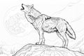 Wolf standing on the rock howling at the moon coloring page for children. Black and white picture. AI Generated Royalty Free Stock Photo