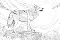 Wolf standing on the rock howling at the moon coloring page for children. Black and white picture. AI Generated Royalty Free Stock Photo