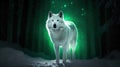 Wolf standing in a snow covered forest illuminated by a beam of white light against a green chroma background. Generative AI Royalty Free Stock Photo