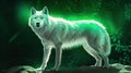 Wolf standing in a snow covered forest illuminated by a beam of white light against a green chroma background. Generative AI Royalty Free Stock Photo