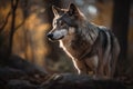 a wolf standing in the woods looking at the camera with a blurry back ground and trees in the back ground behind it, with Royalty Free Stock Photo