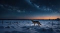 Lone Wolf in Snowy Winter Night Landscape Under Starry Sky Royalty Free Stock Photo