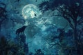 Wolf surveying moonlit forest from treetop, Moonlit forest alive with howling wolves and fluttering bats Royalty Free Stock Photo