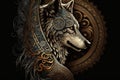 Wolf tattoo design in ornament. Idea sketch in tribal art style. AI generated