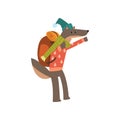 Wolf travelling with backpack, cute cartoon animal having hiking adventure travel or camping trip vector Illustration on