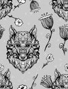 Wolf Vintage style gothic seamless pattern. Character tattoo design. Floral animal cover, summer t-shirt, sticker.