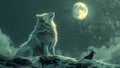 A wolf wails at the moon, a masterpiece of natures art in the midnight sky