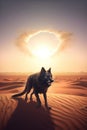 A wolf walking in the desert at sunset. Generative AI image.