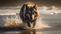 Wolf walking in the river side and getting wet. Wolf hunting his prey Royalty Free Stock Photo