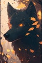 Wolf wallpaper, graphical, color portrait of a wolf head on a white dark with splashes of watercolor and golden leaves