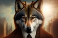 Generative AI: a wolf wearing a suit and tie in the street