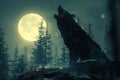 wolf werewolf howls at full moon on top of mountain in forest in fog at night Royalty Free Stock Photo
