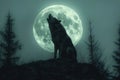 wolf werewolf howls at full moon on top of rock in forest in fog at night Royalty Free Stock Photo