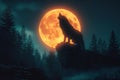 wolf werewolf howls at orange full moon on top of mountain in forest at night Royalty Free Stock Photo