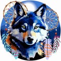 Wolf Wild Animal with Native Dreamcatchers on Wild Blue Mountains Landscape Round Vector Logo Illustration isolated on white. Royalty Free Stock Photo