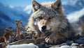 Wolf in winter forest, fierce gaze, pawed mammal, danger lurking generated by AI