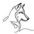 A wolf's head is depicted in a continuous line drawing, featuring a lengthy, curved neck and a set of big, circular eyes.