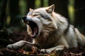 a wolf yawning in the woods with its mouth open Royalty Free Stock Photo