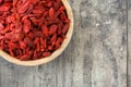 Wolfberries or Goji berries in bowl on wooden table Royalty Free Stock Photo