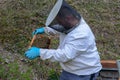 Beekeeper who is checking his honey production at Wolfenschissen on the Swiss alps