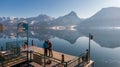 Wolfgangsee Lake in Austria, aerial view. High angle view of lakes and Alps mountains