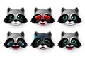 Wolfs emoji or emoticon vector set. Wolf face emojis avatar character in hungry, scared, laughing.