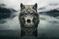 a wolfs face superimposed with the image of a calm, serene lake