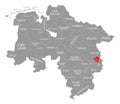 Wolfsburg county red highlighted in map of Lower Saxony Germany Royalty Free Stock Photo