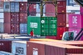 In the port of Fallersleben, a container crane unloads cargo containers a cargo ship for the car factory in Wolfsburg