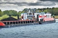 Fully loaded barge sails with a load of coal across the Mittelland Canal near Wolfsburg, Germany