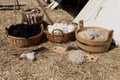 WOLIN, POLAND - AUGUST 6, 2022: XXVII Festival of Slavs and Vikings, baskets filled with sheep\'s wool