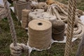 WOLIN, POLAND - AUGUST 6, 2022: XXVII Festival of Slavs and Vikings, spools of handmade hemp rope