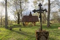 Wolosate, Malopolskie / Poland - April, 28, 2019: Old cemetery in a village in the mountains. Burial place in a small village