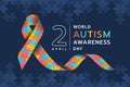 Wolrd Autism Awareness Day - Autism Awareness ribbon sign and text on dark blue puzzle texture background vector design Royalty Free Stock Photo